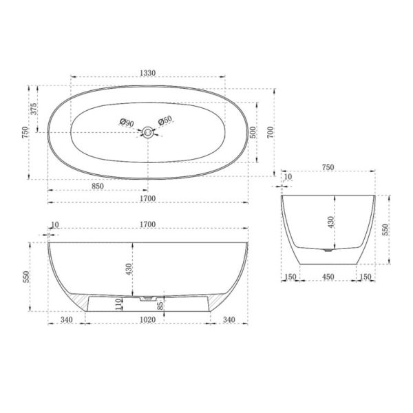 Ванна из полиэфирной смолы Vincea VBT-6T01B 170x75 Черная матовая без гидромассажа