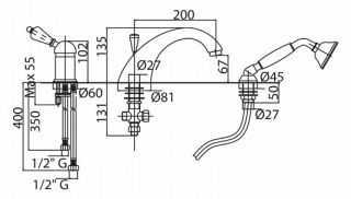 Смеситель на борт ванны однорычажный с выдвижным душем и переключателем, хром Cezares VINTAGE-BVDM-01-Sw