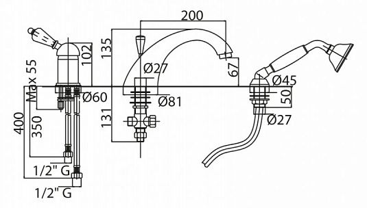 Смеситель на борт ванны однорычажный с выдвижным душем и переключателем, хром Cezares VINTAGE-BVDM-01-Sw