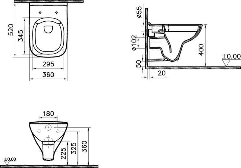 Комплект VitrA S20 9004B003-7207 Унитаз подвесной безободковый, с микролифтом + Система инсталляция + Кнопка смыва