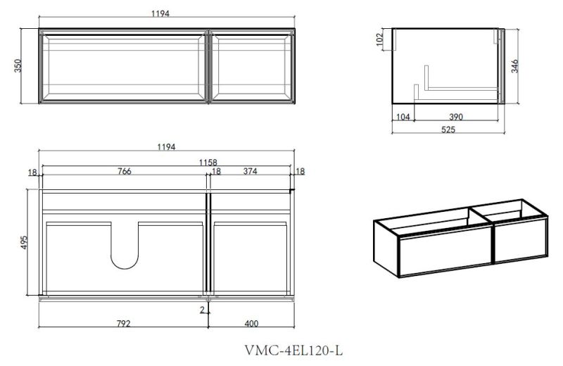 База под раковину Vincea Elise 1200 подвесная, левая, 2 выкатных ящика soft-close, серый матовый База под раковину Vincea Elise 1200 подвесная, левая, 2 выкатных ящика soft-close, серый матовый