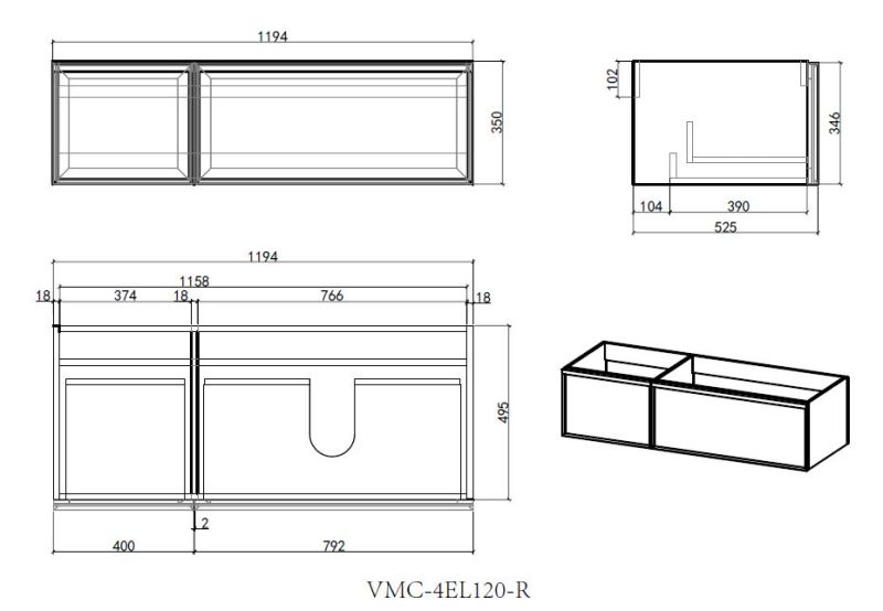 База под раковину Vincea Elise 1200 подвесная, правая, 2 выкатных ящика soft-close, серый матовый База под раковину Vincea Elise 1200 подвесная, правая, 2 выкатных ящика soft-close, серый матовый