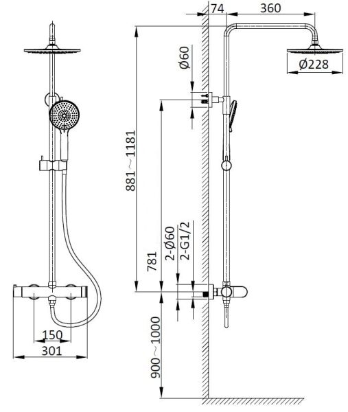 Душевая стойка Vincea Rondo VSFS-1R0GM, вороненая сталь