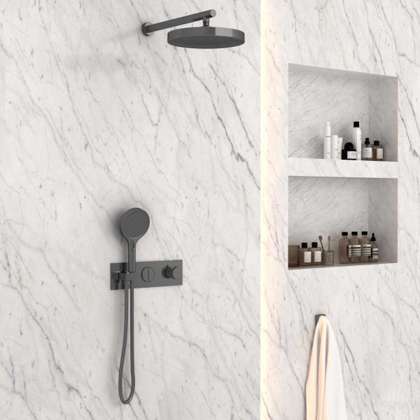 Душевой комплект Vincea VSFW-422TI2GM встраиваемый, двухрежимный, термостатический, вороненая сталь Душевой комплект Vincea VSFW-422TI2GM встраиваемый, двухрежимный, термостатический, вороненая сталь