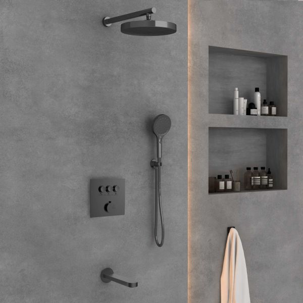 Душевой комплект Vincea Inspire VSFW-431I2GM встраиваемый, термостатический, трехрежимный, вороненая сталь Душевой комплект Vincea Inspire VSFW-431I2GM встраиваемый, термостатический, трехрежимный, вороненая сталь