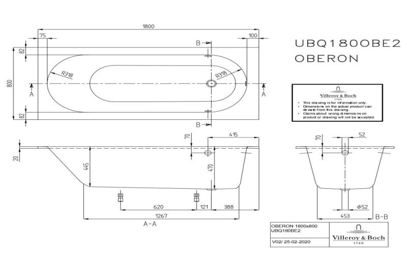 Ванна Villeroy & Boch Oberon UBQ180OBE2V-01 180x80 см квариловая