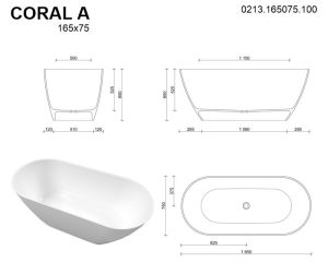 Ванна из искусственного камня Whitecross Coral A 0213.165075.100 165x75см белый глянец