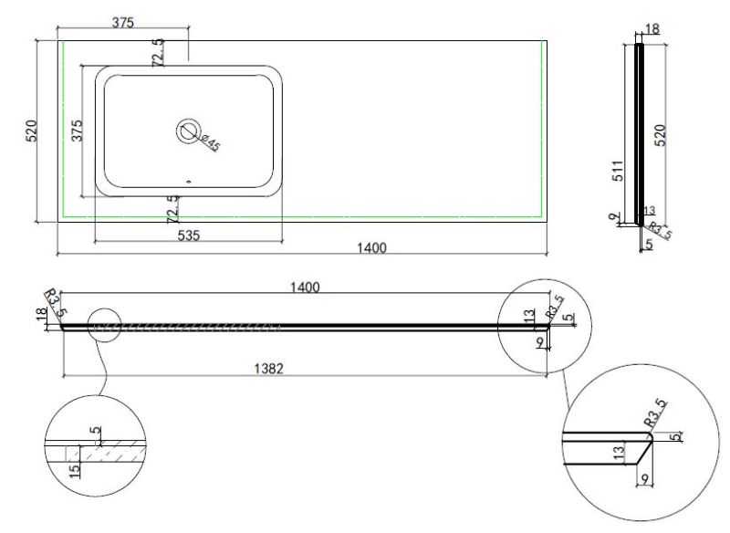 Столешница Vincea из кварца с интегрированной раковиной VWTB-4LX140QBG-R, правая, цвет бежевый