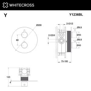 Смеситель термостат скрытого монтажа на 2 потребителя WHITECROSS Y Y1236BL чёрный матовый