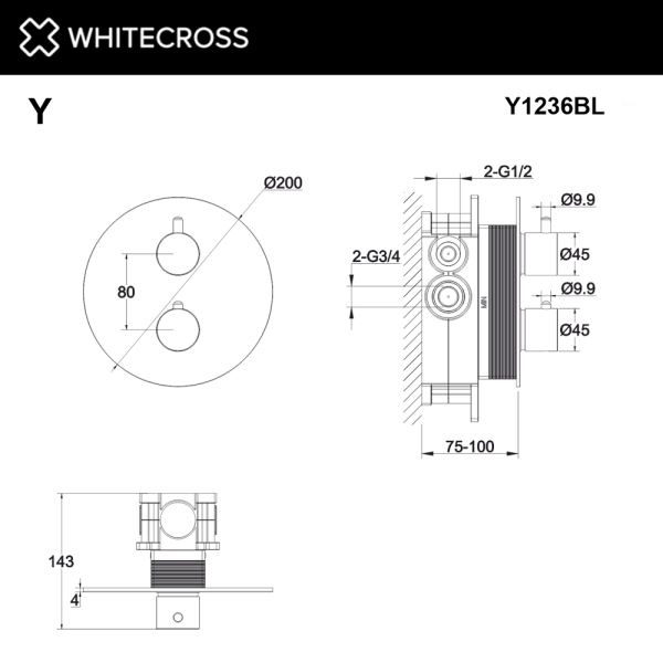 Смеситель термостат скрытого монтажа на 2 потребителя WHITECROSS Y Y1236NIB брашированный никель