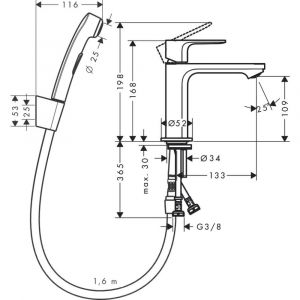 Смеситель для раковины Hansgrohe Rebris E 110 72216000 с гигиеническим душем хром