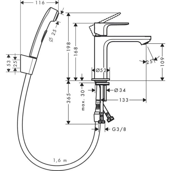 Смеситель для раковины Hansgrohe Rebris E 110 72216000 с гигиеническим душем хром