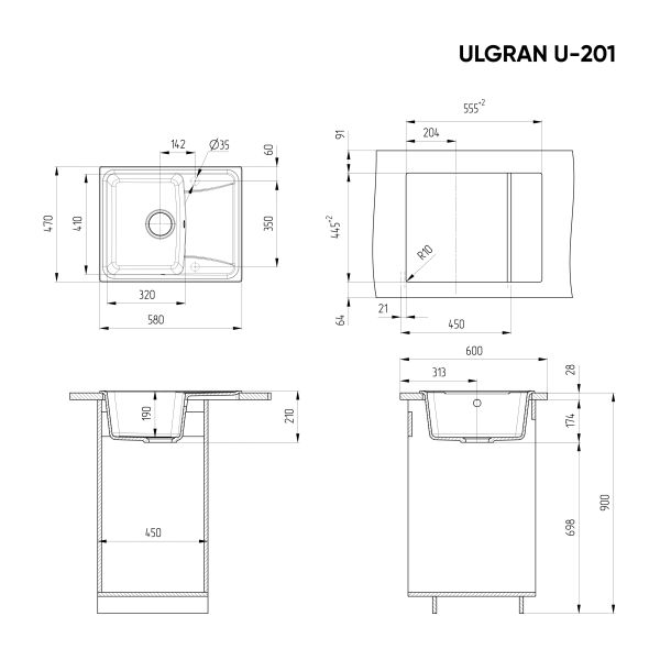 Кухонная мойка Ulgran Classic U-201-308 чёрный