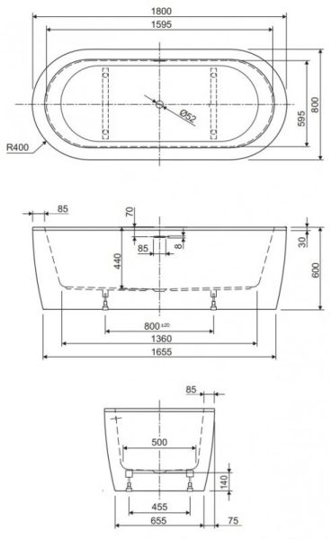 Акриловая ванна Cezares Slim Central 180x80см белый SLIM CENTRAL-180-80-60-W37-SET
