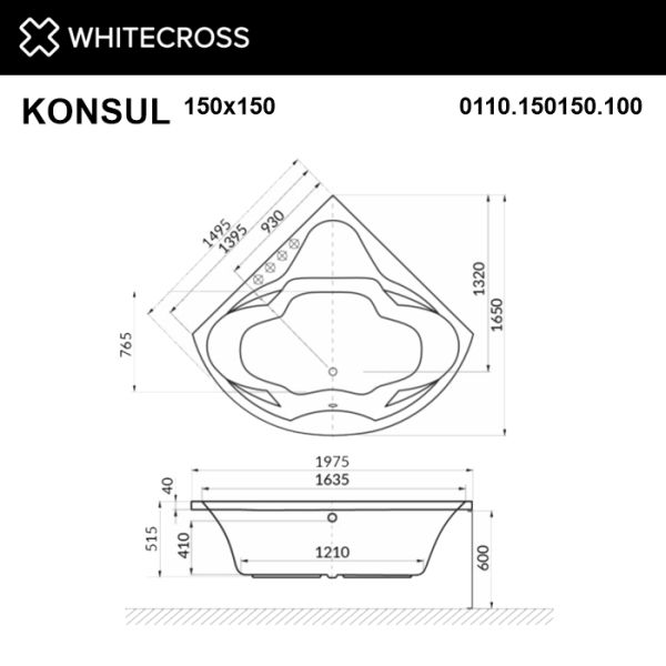 Гидромассажная ванна WHITECROSS Konsul 0110.150150.100.NANO.CR 150 см Nano хром
