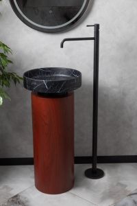Накладная раковина с пьедесталом золото Armadi Art Sole Corian 801-NM+801-Base-Rwood Nero Marquina/красное дерево