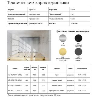 Душевая дверь Azario Tokyo AZ-362K2-170-MB-CL 170 см профиль чёрный матовый стекло прозрачное